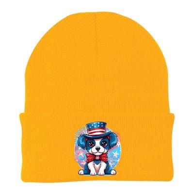 Cute Patriotic Red White And Blue Puppy Dog Knit Cap Winter Beanie