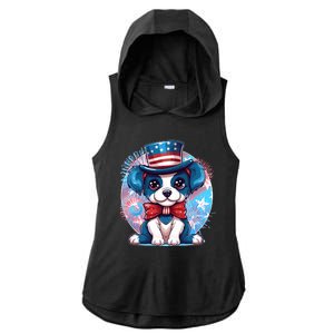 Cute Patriotic Red White And Blue Puppy Dog Ladies PosiCharge Tri-Blend Wicking Draft Hoodie Tank