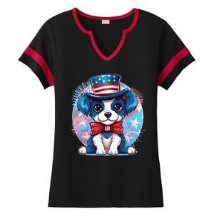 Cute Patriotic Red White And Blue Puppy Dog Ladies Halftime Notch Neck Tee