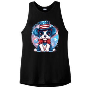 Cute Patriotic Red White And Blue Puppy Dog Ladies PosiCharge Tri-Blend Wicking Tank