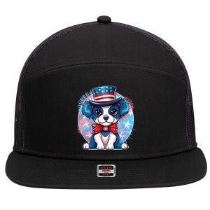 Cute Patriotic Red White And Blue Puppy Dog 7 Panel Mesh Trucker Snapback Hat