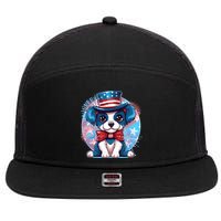 Cute Patriotic Red White And Blue Puppy Dog 7 Panel Mesh Trucker Snapback Hat