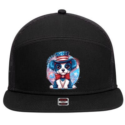 Cute Patriotic Red White And Blue Puppy Dog 7 Panel Mesh Trucker Snapback Hat