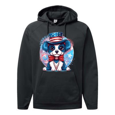 Cute Patriotic Red White And Blue Puppy Dog Performance Fleece Hoodie