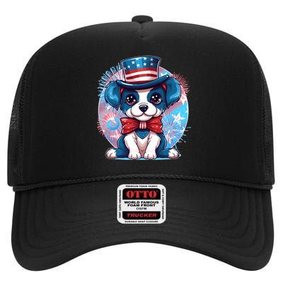 Cute Patriotic Red White And Blue Puppy Dog High Crown Mesh Back Trucker Hat