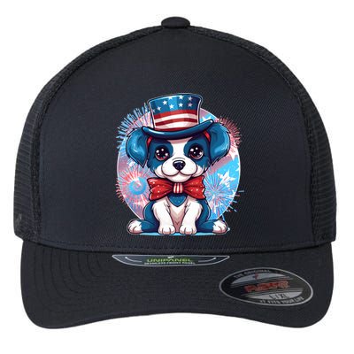 Cute Patriotic Red White And Blue Puppy Dog Flexfit Unipanel Trucker Cap