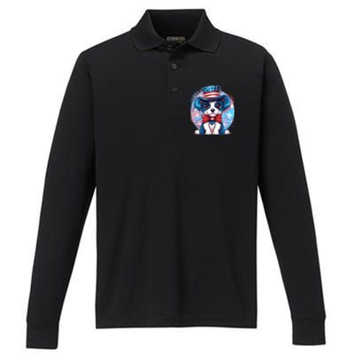 Cute Patriotic Red White And Blue Puppy Dog Performance Long Sleeve Polo