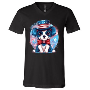 Cute Patriotic Red White And Blue Puppy Dog V-Neck T-Shirt