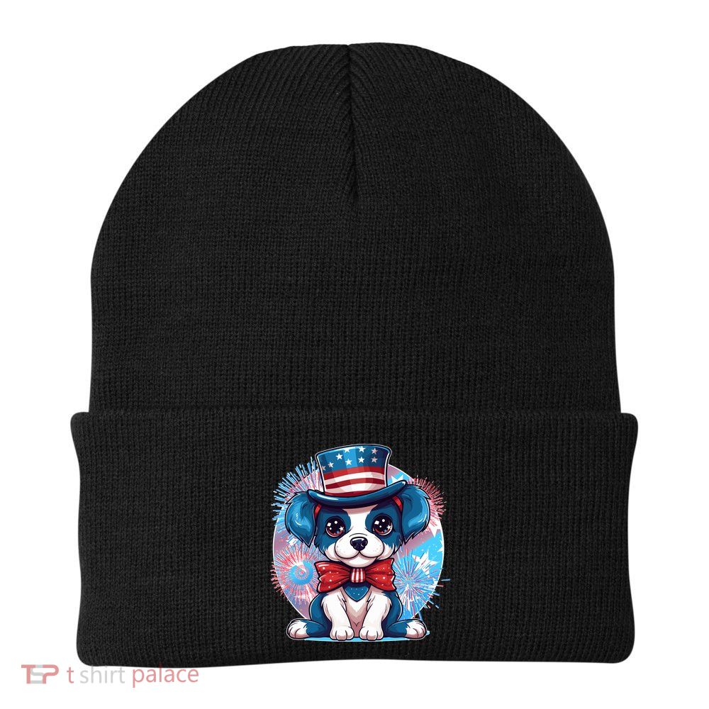 Cute Patriotic Red White And Blue Puppy Dog Knit Cap Winter Beanie