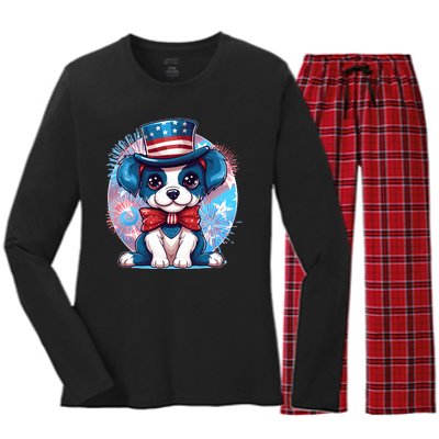 Cute Patriotic Red White And Blue Puppy Dog Women's Long Sleeve Flannel Pajama Set 