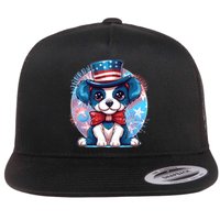 Cute Patriotic Red White And Blue Puppy Dog Flat Bill Trucker Hat