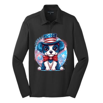 Cute Patriotic Red White And Blue Puppy Dog Silk Touch Performance Long Sleeve Polo