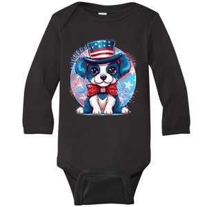 Cute Patriotic Red White And Blue Puppy Dog Baby Long Sleeve Bodysuit