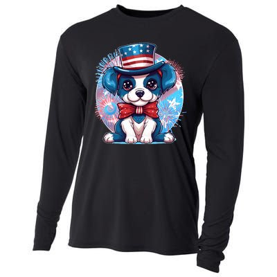 Cute Patriotic Red White And Blue Puppy Dog Cooling Performance Long Sleeve Crew