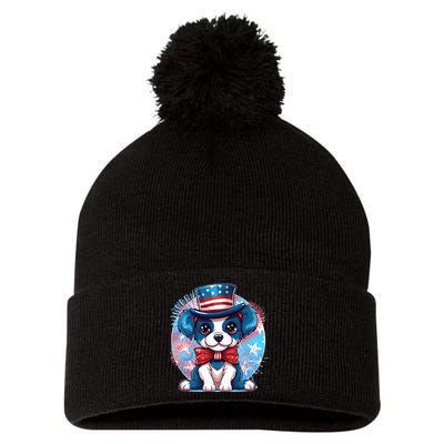 Cute Patriotic Red White And Blue Puppy Dog Pom Pom 12in Knit Beanie