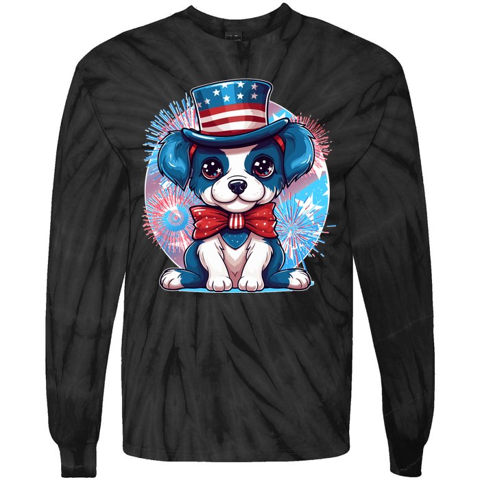 Cute Patriotic Red White And Blue Puppy Dog Tie-Dye Long Sleeve Shirt