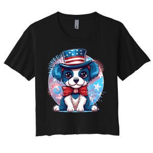 Cute Patriotic Red White And Blue Puppy Dog Women's Crop Top Tee