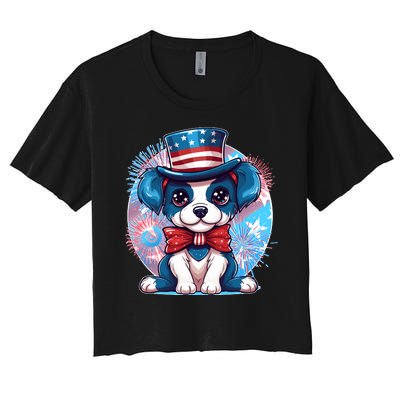 Cute Patriotic Red White And Blue Puppy Dog Women's Crop Top Tee