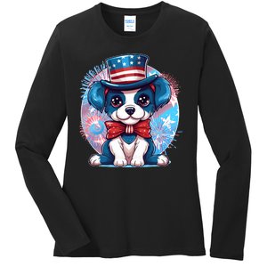 Cute Patriotic Red White And Blue Puppy Dog Ladies Long Sleeve Shirt