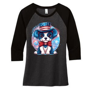 Cute Patriotic Red White And Blue Puppy Dog Women's Tri-Blend 3/4-Sleeve Raglan Shirt