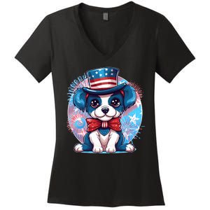 Cute Patriotic Red White And Blue Puppy Dog Women's V-Neck T-Shirt