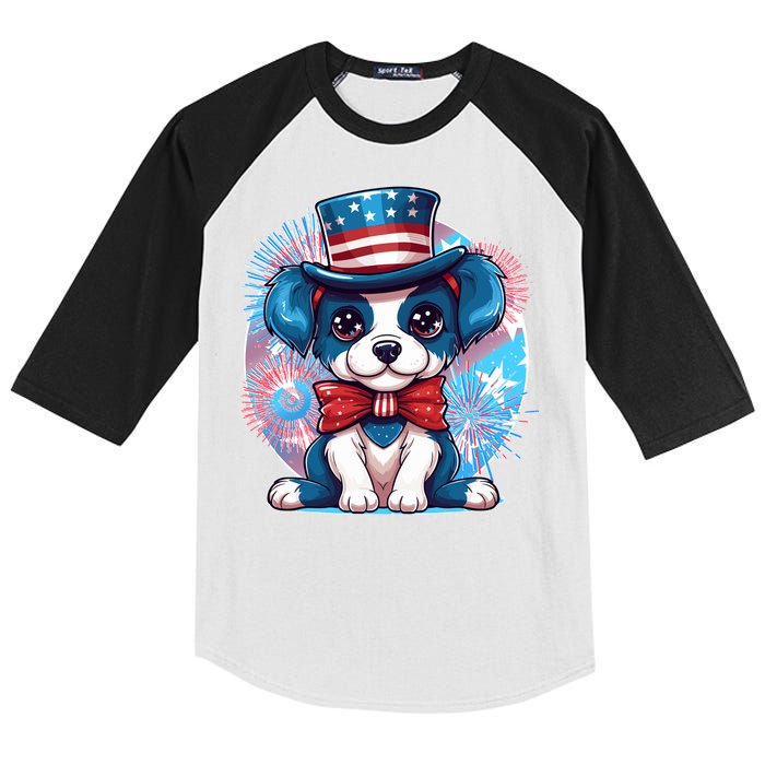 Cute Patriotic Red White And Blue Puppy Dog Kids Colorblock Raglan Jersey