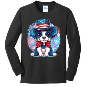 Cute Patriotic Red White And Blue Puppy Dog Kids Long Sleeve Shirt