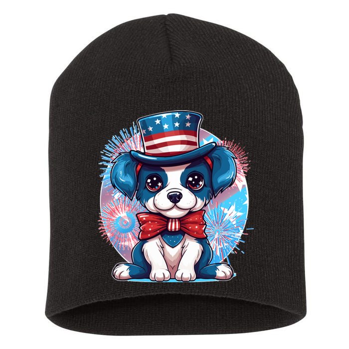 Cute Patriotic Red White And Blue Puppy Dog Short Acrylic Beanie