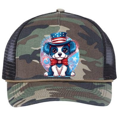 Cute Patriotic Red White And Blue Puppy Dog Retro Rope Trucker Hat Cap