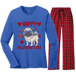 Cute Pug Red Hearts Couples Happy Valentines Day Gift Women's Long Sleeve Flannel Pajama Set 