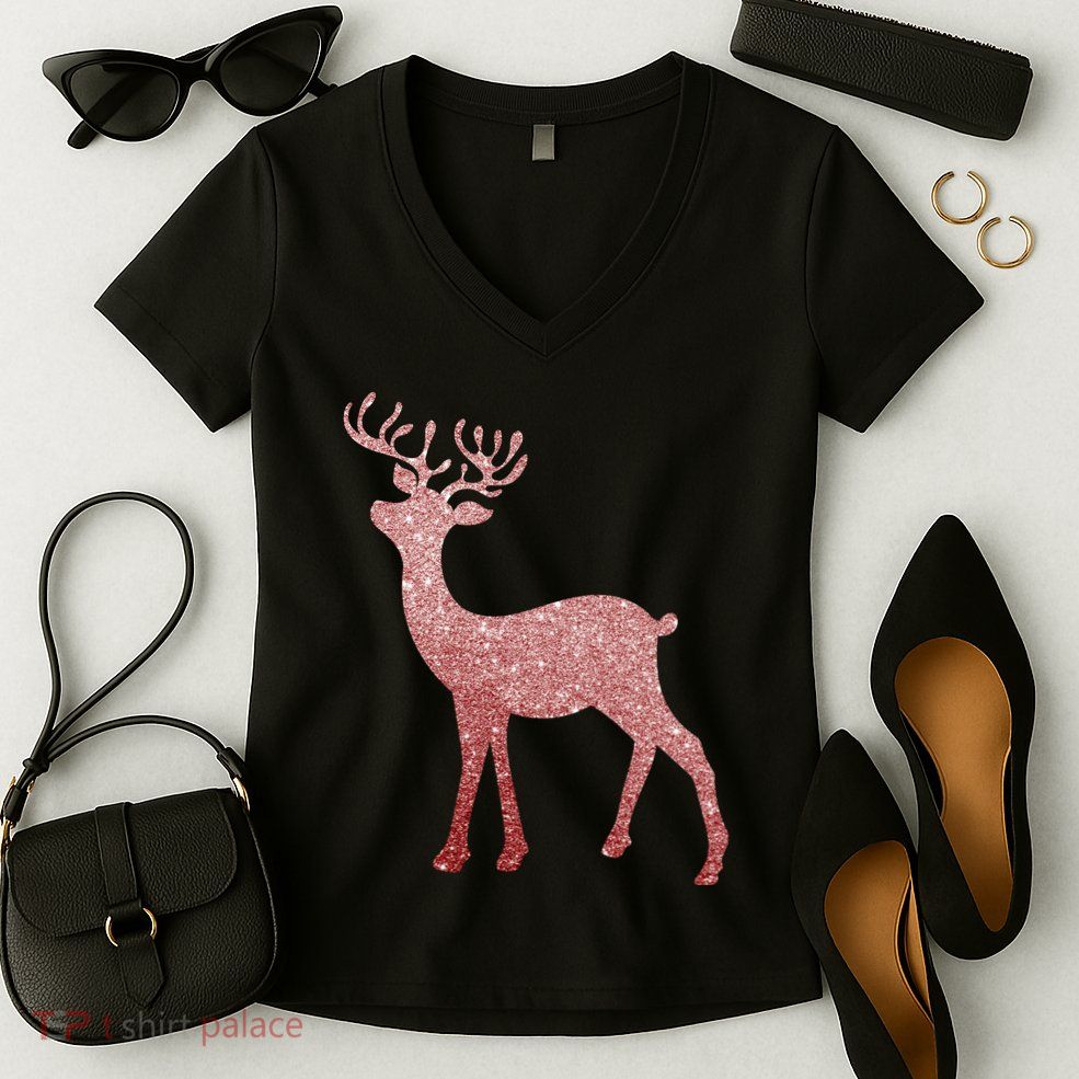 Cute Pink Reindeer Winter Holiday Gift Women's V-Neck T-Shirt