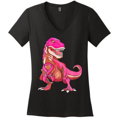 cute Pink Ribbon TRex Breast Cancer Awareness Women's V-Neck T-Shirt