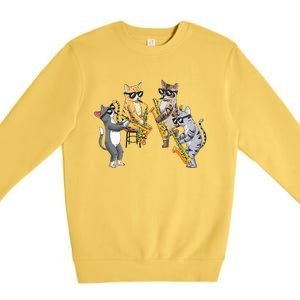 Cats Playing Saxophone Jazz Sax Musician Saxophonist Premium Crewneck Sweatshirt