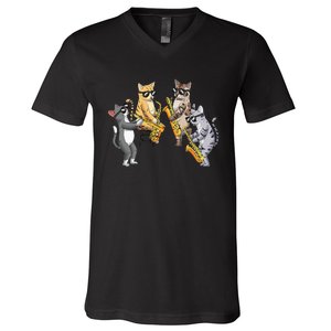 Cats Playing Saxophone Jazz Sax Musician Saxophonist V-Neck T-Shirt