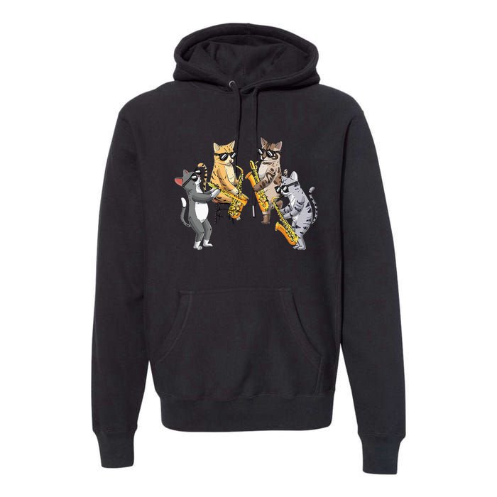 Cats Playing Saxophone Jazz Sax Musician Saxophonist Premium Hoodie