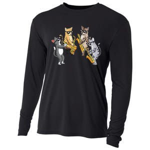 Cats Playing Saxophone Jazz Sax Musician Saxophonist Cooling Performance Long Sleeve Crew