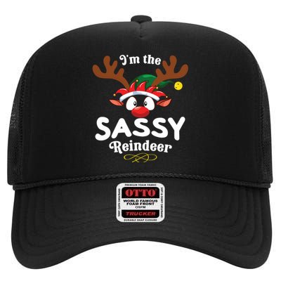 Christmas Pjs Sassy Xmas Reindeer Matching High Crown Mesh Back Trucker Hat