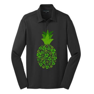 Cute Pineapple Shamrock Leaf Clover Saint Patrick's Day Silk Touch Performance Long Sleeve Polo