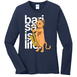 Cat Playing Saxophone Cat Jazz Sax Saxophonist Cat Musician Ladies Long Sleeve Shirt