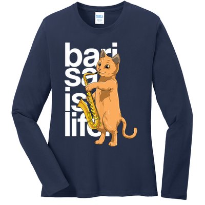 Cat Playing Saxophone Cat Jazz Sax Saxophonist Cat Musician Ladies Long Sleeve Shirt