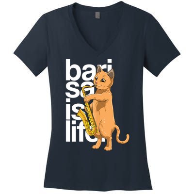 Cat Playing Saxophone Cat Jazz Sax Saxophonist Cat Musician Women's V-Neck T-Shirt