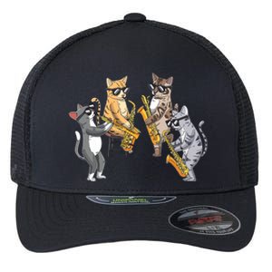 Cats Playing Saxophone Jazz Sax Musician Saxophonist Flexfit Unipanel Trucker Cap