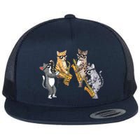 Cats Playing Saxophone Jazz Sax Musician Saxophonist Flat Bill Trucker Hat