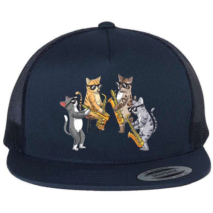 Cats Playing Saxophone Jazz Sax Musician Saxophonist Flat Bill Trucker Hat