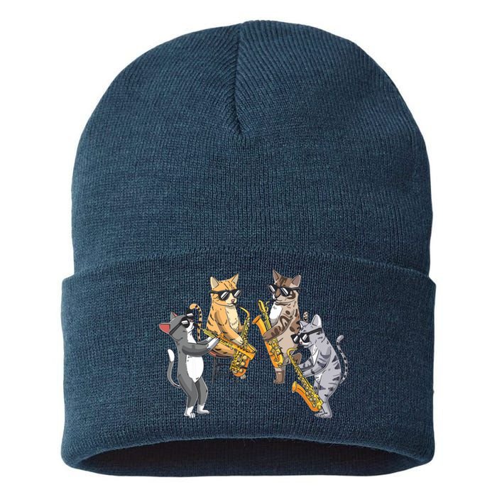 Cats Playing Saxophone Jazz Sax Musician Saxophonist Sustainable Knit Beanie