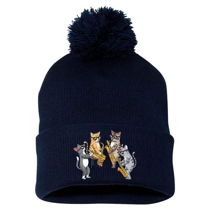 Cats Playing Saxophone Jazz Sax Musician Saxophonist Pom Pom 12in Knit Beanie