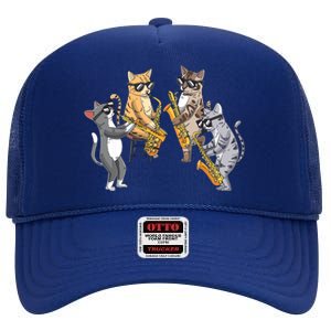 Cats Playing Saxophone Jazz Sax Musician Saxophonist High Crown Mesh Back Trucker Hat