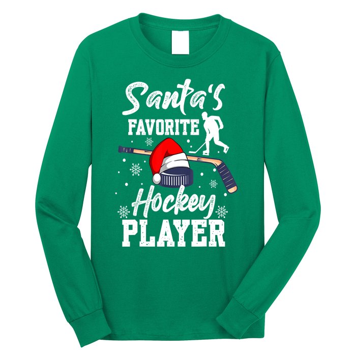 Christmas Pajama Santas Favorite Hockey Player Xmas Hockey Gift Long Sleeve Shirt