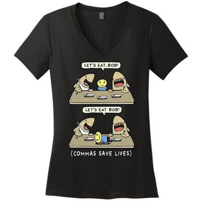Commas Punctuation Shark Lets Eat Funny English Grammar Women's V-Neck T-Shirt
