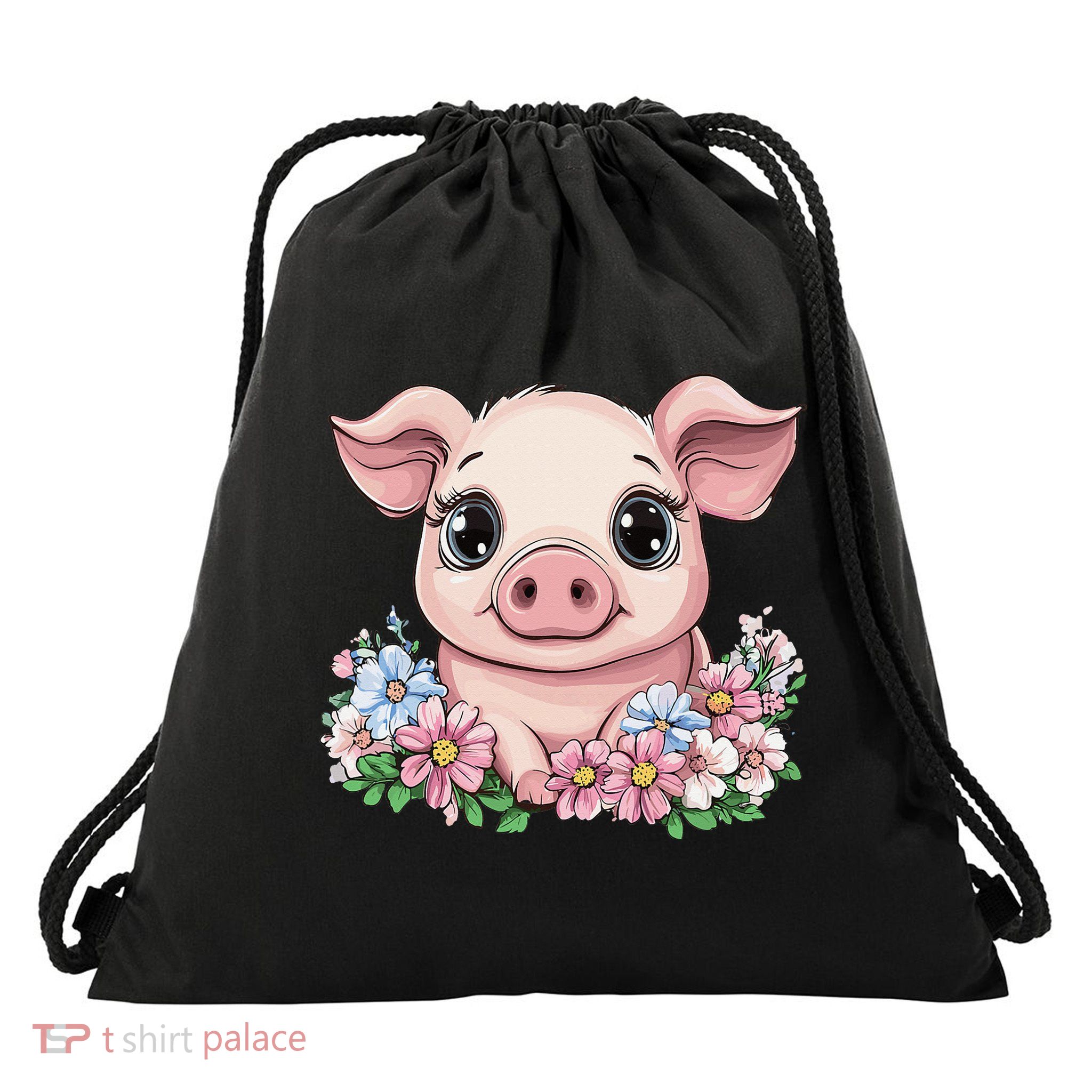 Cute Pig Surrounded By Spring Flowers Drawstring Bag